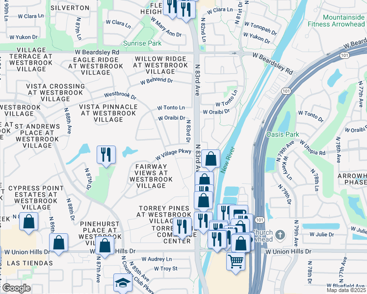 map of restaurants, bars, coffee shops, grocery stores, and more near 8357 West Utopia Road in Peoria