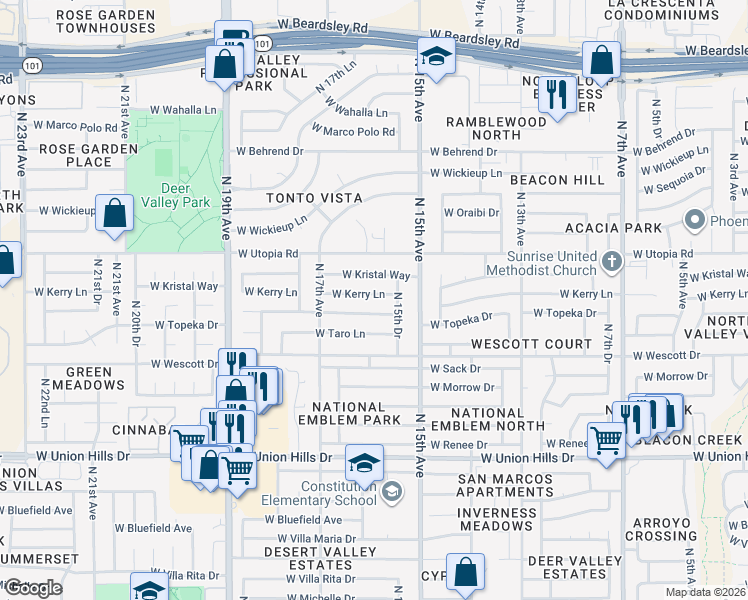 map of restaurants, bars, coffee shops, grocery stores, and more near 1548 West Topeka Drive in Phoenix