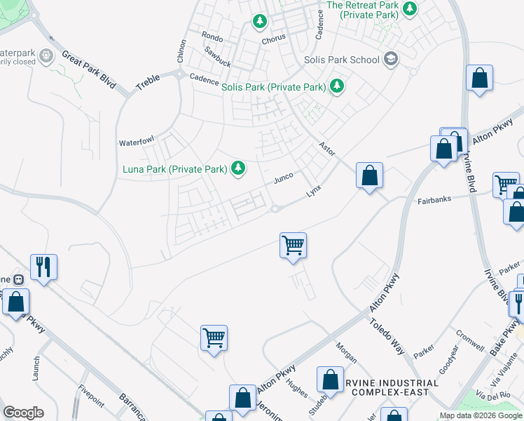 map of restaurants, bars, coffee shops, grocery stores, and more near 41 Lynx in Irvine