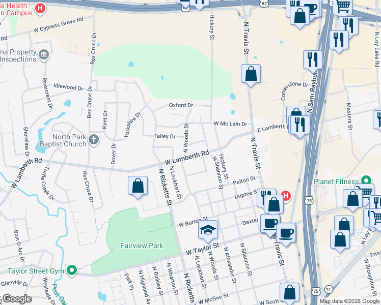 map of restaurants, bars, coffee shops, grocery stores, and more near 2500 North Woods Street in Sherman