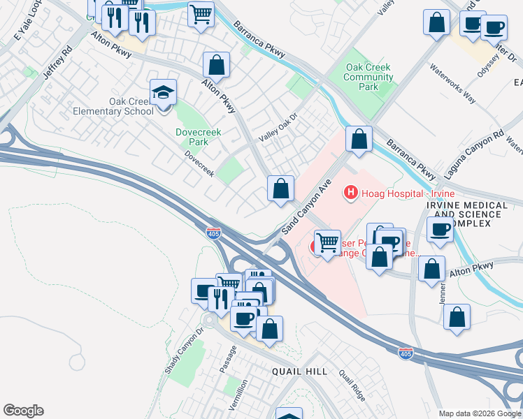 map of restaurants, bars, coffee shops, grocery stores, and more near 80 Millbrook in Irvine