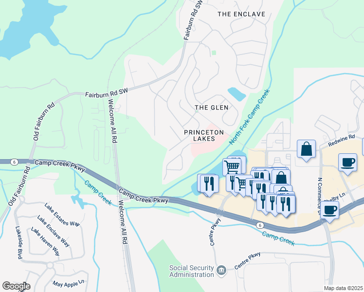 map of restaurants, bars, coffee shops, grocery stores, and more near 3881 Princeton Lakes Way in Atlanta