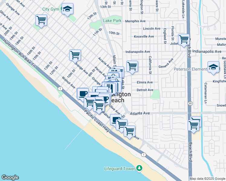 map of restaurants, bars, coffee shops, grocery stores, and more near in Huntington Beach