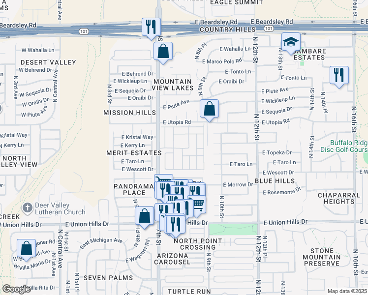 map of restaurants, bars, coffee shops, grocery stores, and more near 19401 North 7th Street in Phoenix