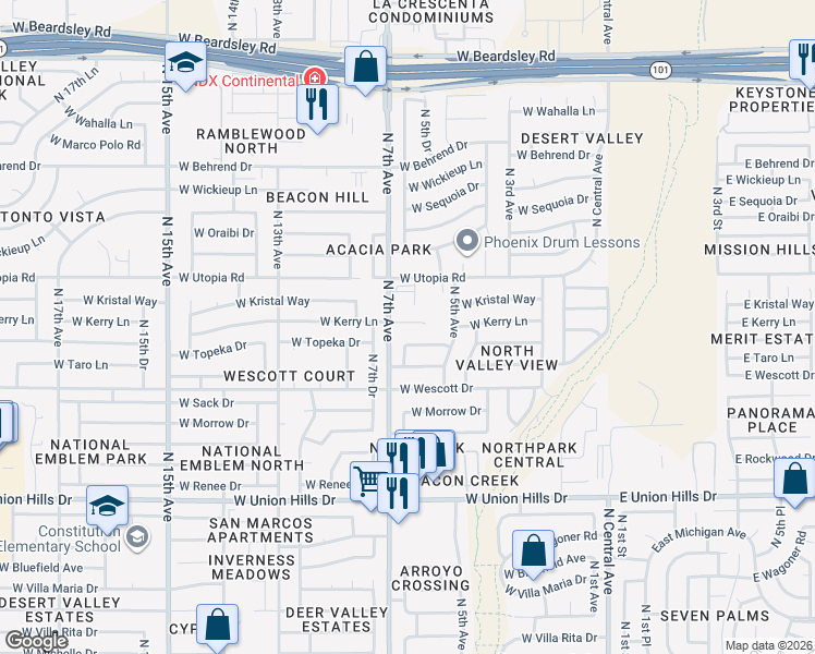 map of restaurants, bars, coffee shops, grocery stores, and more near 530 West Topeka Drive in Phoenix