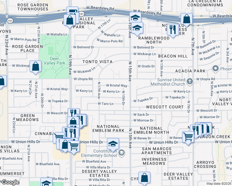 map of restaurants, bars, coffee shops, grocery stores, and more near 1548 West Topeka Drive in Phoenix