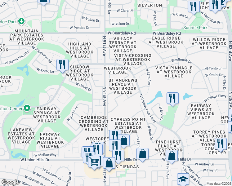 map of restaurants, bars, coffee shops, grocery stores, and more near 9051 West Utopia Road in Peoria