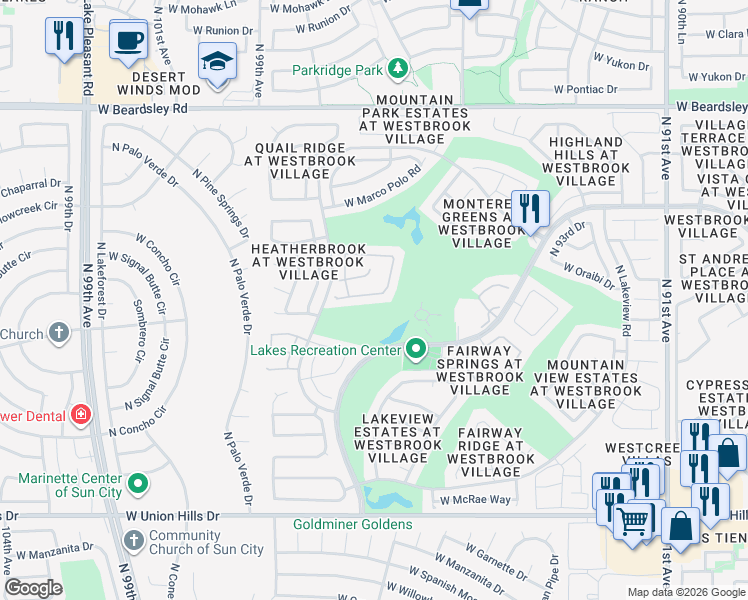 map of restaurants, bars, coffee shops, grocery stores, and more near 9627 West Rimrock Drive in Peoria