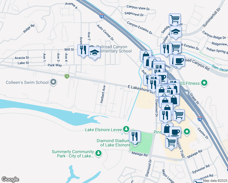 map of restaurants, bars, coffee shops, grocery stores, and more near Unnamed Road in Lake Elsinore