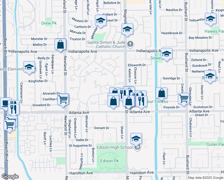 map of restaurants, bars, coffee shops, grocery stores, and more near 8877 Lauderdale Court in Huntington Beach