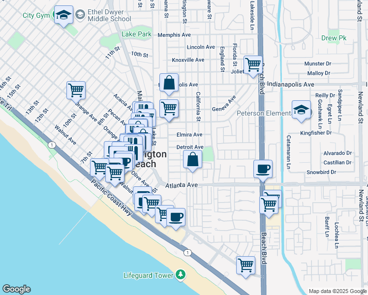 map of restaurants, bars, coffee shops, grocery stores, and more near 310 Huntington Street in Huntington Beach