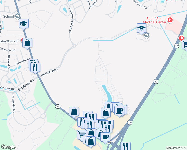 map of restaurants, bars, coffee shops, grocery stores, and more near 1710 Dick Pond Road in Myrtle Beach