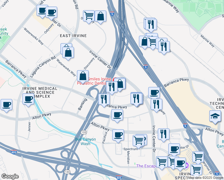 map of restaurants, bars, coffee shops, grocery stores, and more near 100 Pacifica in Irvine