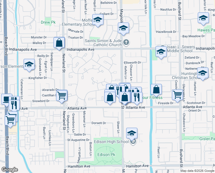 map of restaurants, bars, coffee shops, grocery stores, and more near 8866 Tulare Drive in Huntington Beach