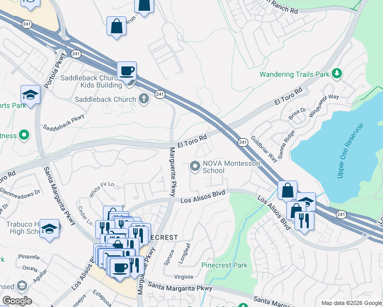 map of restaurants, bars, coffee shops, grocery stores, and more near 415 Besalu Terrace in Mission Viejo