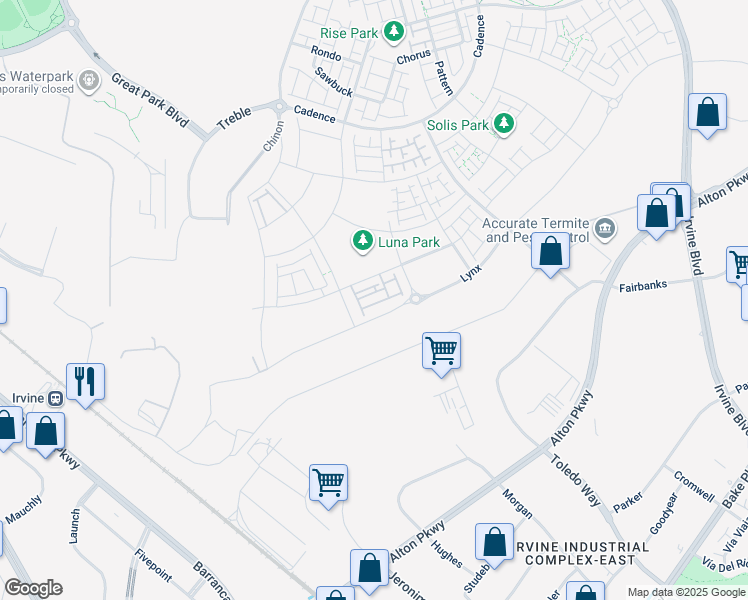 map of restaurants, bars, coffee shops, grocery stores, and more near 124 Tiffin in Irvine