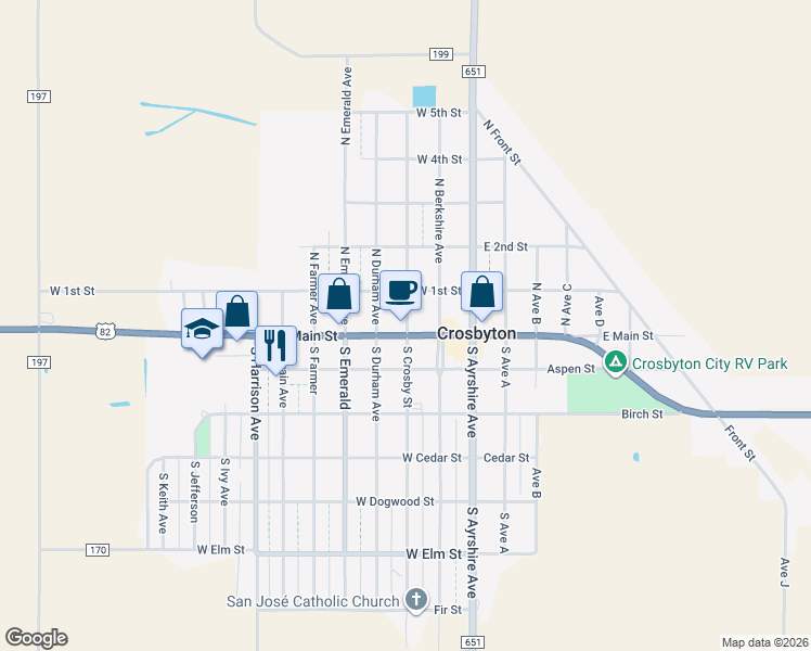 map of restaurants, bars, coffee shops, grocery stores, and more near 300 West Main Street in Crosbyton