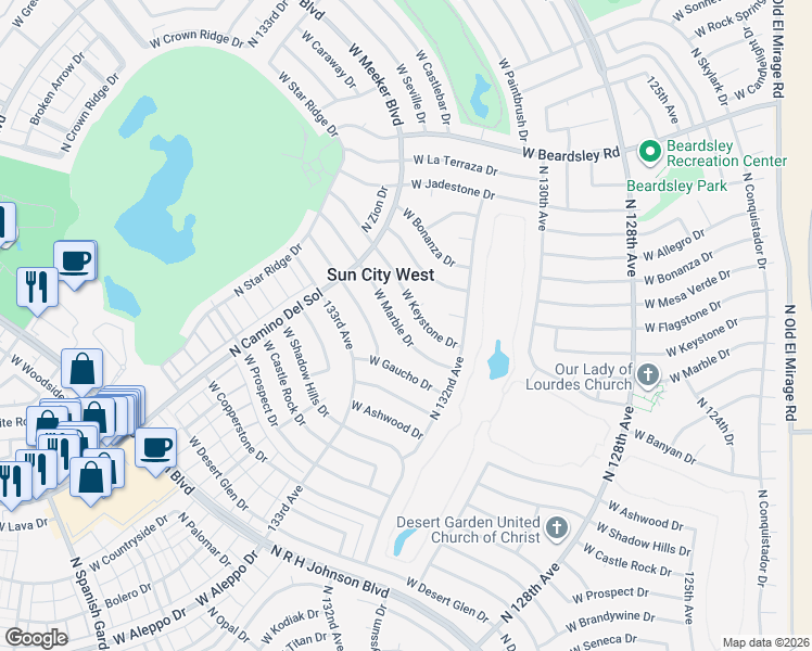 map of restaurants, bars, coffee shops, grocery stores, and more near 13230 West Bellwood Drive in Sun City West