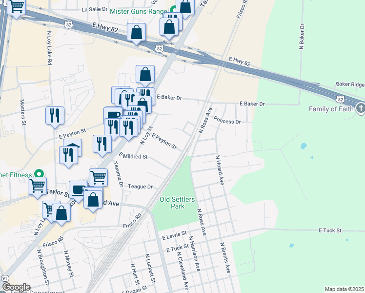 map of restaurants, bars, coffee shops, grocery stores, and more near 1717 East Peyton Street in Sherman