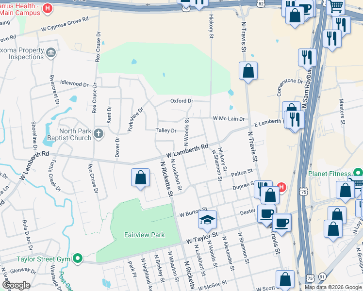 map of restaurants, bars, coffee shops, grocery stores, and more near 2500 North Woods Street in Sherman
