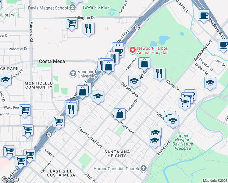 map of restaurants, bars, coffee shops, grocery stores, and more near 2554 Elden Avenue in Costa Mesa