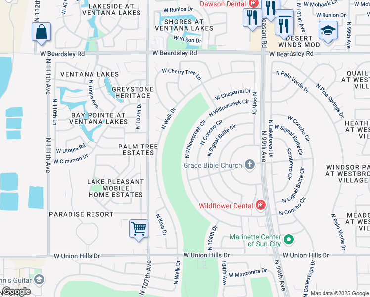 map of restaurants, bars, coffee shops, grocery stores, and more near 19434 North Willowcreek Circle in Sun City