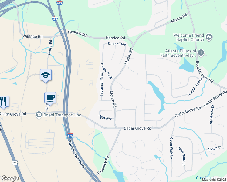 map of restaurants, bars, coffee shops, grocery stores, and more near 1766 Enclave Place in Conley