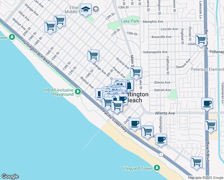 map of restaurants, bars, coffee shops, grocery stores, and more near 610 Olive Avenue in Huntington Beach