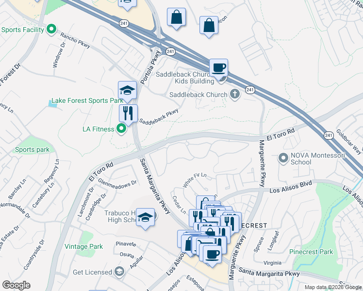 map of restaurants, bars, coffee shops, grocery stores, and more near 164 Pheasant Creek in Lake Forest