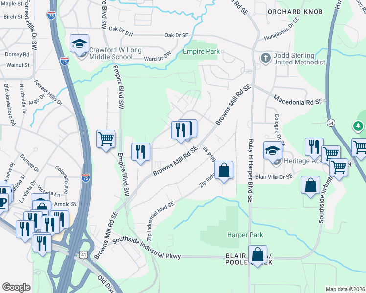 map of restaurants, bars, coffee shops, grocery stores, and more near 3537 Browns Mill Rd SE in Atlanta