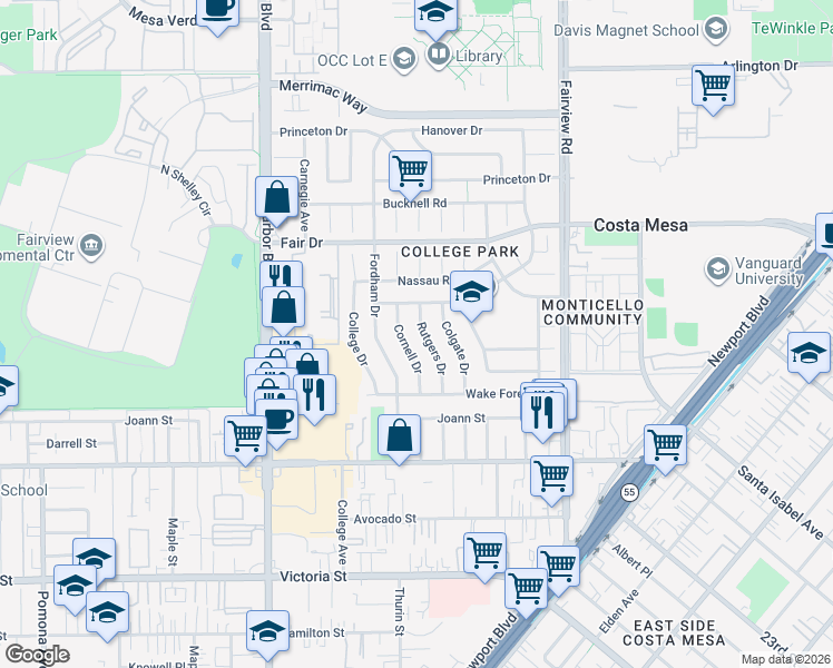 map of restaurants, bars, coffee shops, grocery stores, and more near 2371 Rutgers Drive in Costa Mesa