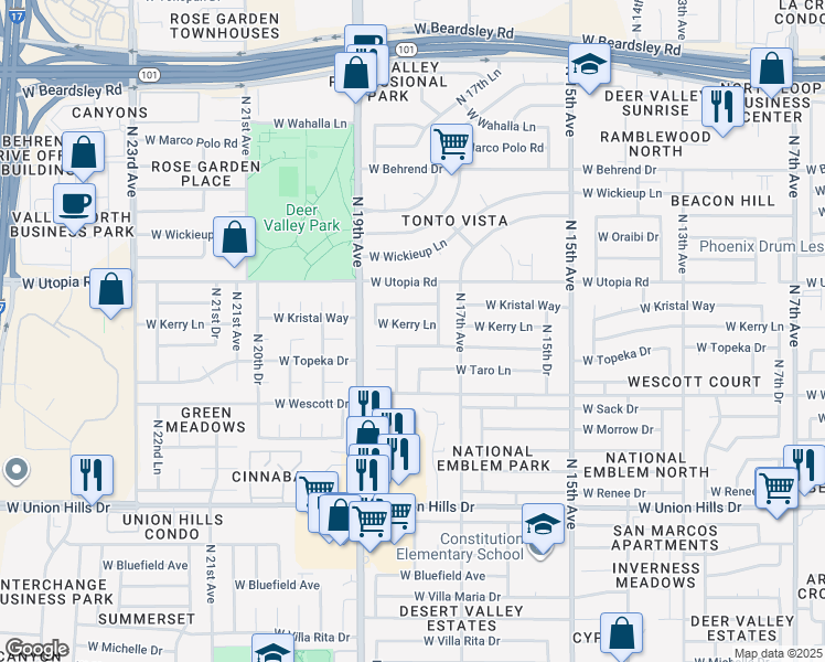 map of restaurants, bars, coffee shops, grocery stores, and more near 1812 West Topeka Drive in Phoenix