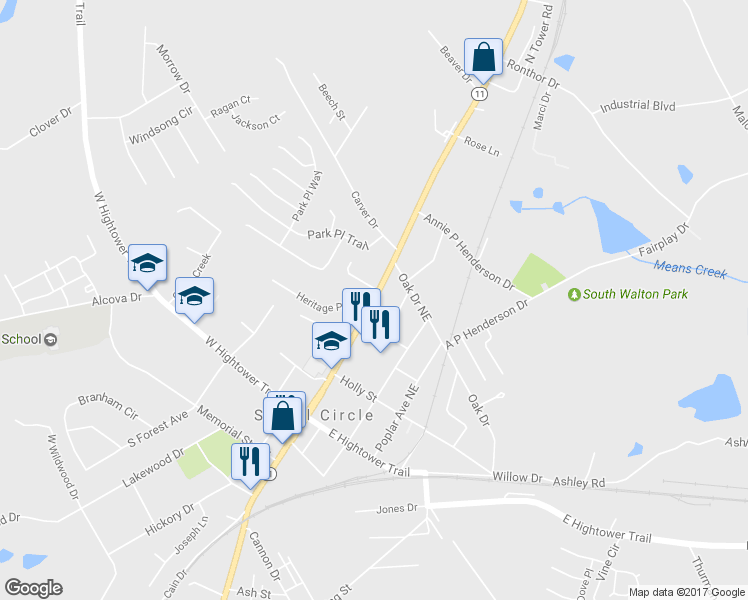 map of restaurants, bars, coffee shops, grocery stores, and more near 375 North Cherokee Road in Social Circle