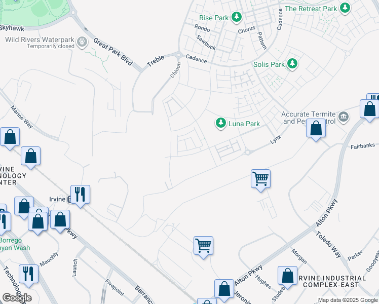 map of restaurants, bars, coffee shops, grocery stores, and more near 7453-8499 Marine Way in Irvine