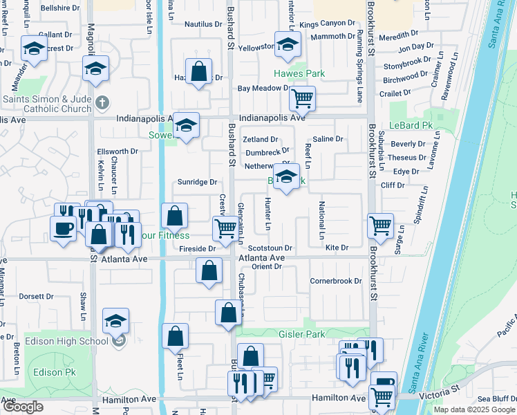 map of restaurants, bars, coffee shops, grocery stores, and more near 20802 Woodlea Lane in Huntington Beach