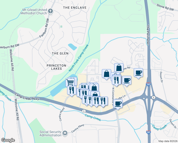 map of restaurants, bars, coffee shops, grocery stores, and more near 3871 Redwine Road in Atlanta