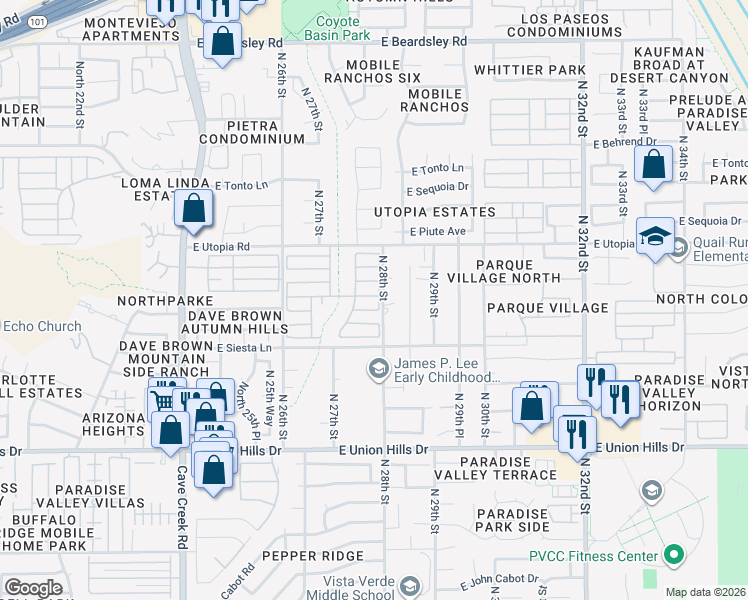 map of restaurants, bars, coffee shops, grocery stores, and more near 2701 East Utopia Road in Phoenix