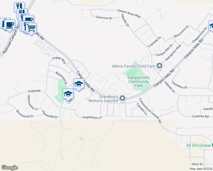 map of restaurants, bars, coffee shops, grocery stores, and more near 32589 Winterberry Lane in Lake Elsinore
