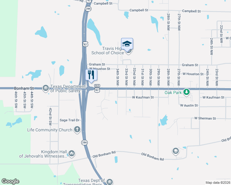 map of restaurants, bars, coffee shops, grocery stores, and more near 3405 Bonham Street in Paris