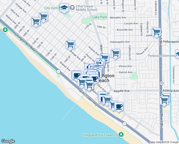 map of restaurants, bars, coffee shops, grocery stores, and more near 316 6th Street in Huntington Beach