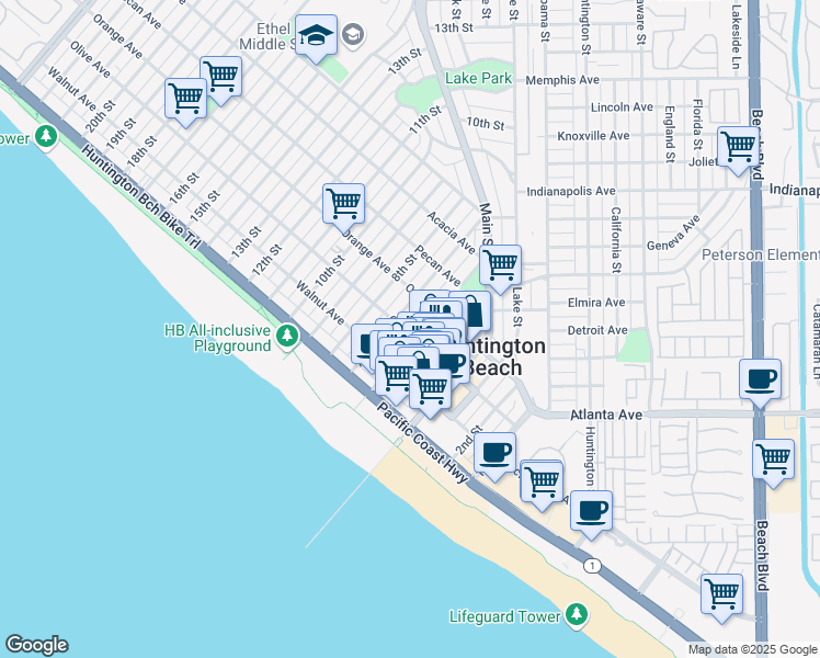 map of restaurants, bars, coffee shops, grocery stores, and more near 610 Olive Avenue in Huntington Beach