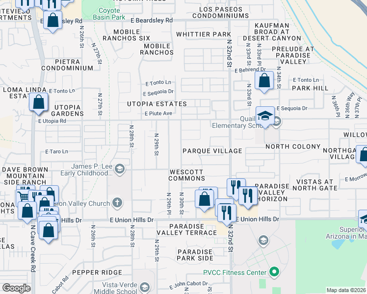 map of restaurants, bars, coffee shops, grocery stores, and more near 3015 East Jeanette Court in Phoenix