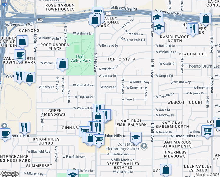 map of restaurants, bars, coffee shops, grocery stores, and more near 1812 West Topeka Drive in Phoenix
