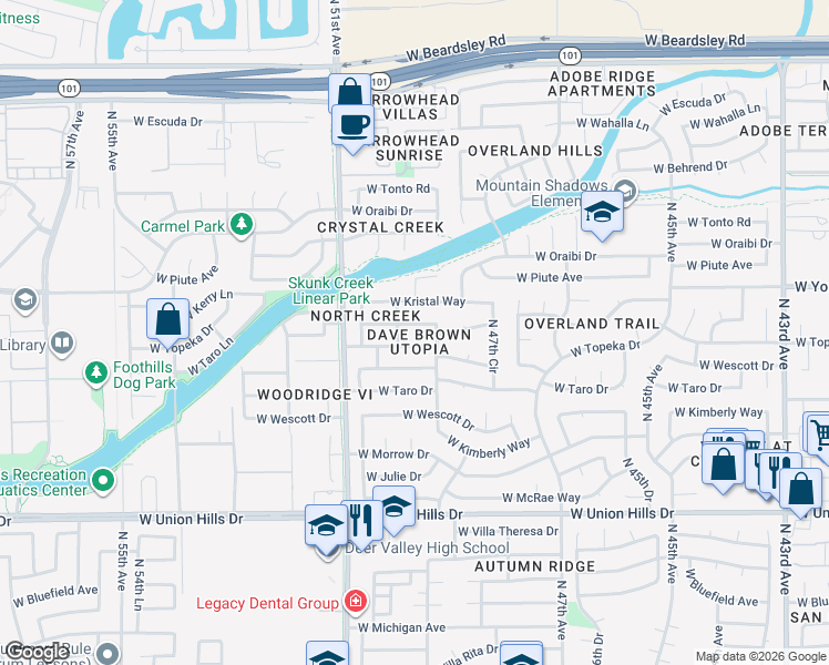 map of restaurants, bars, coffee shops, grocery stores, and more near 5010 West Topeka Drive in Glendale