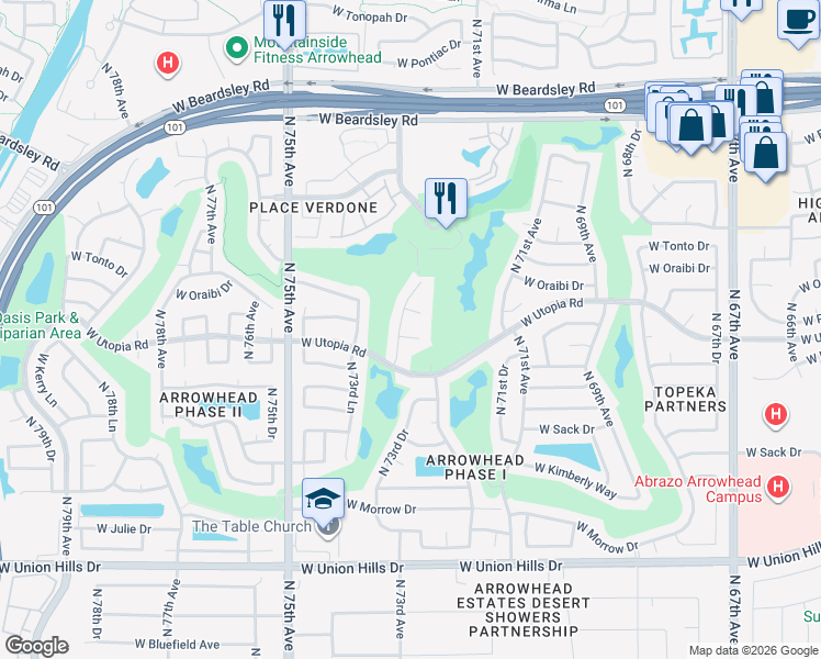 map of restaurants, bars, coffee shops, grocery stores, and more near 7268 West Piute Avenue in Glendale