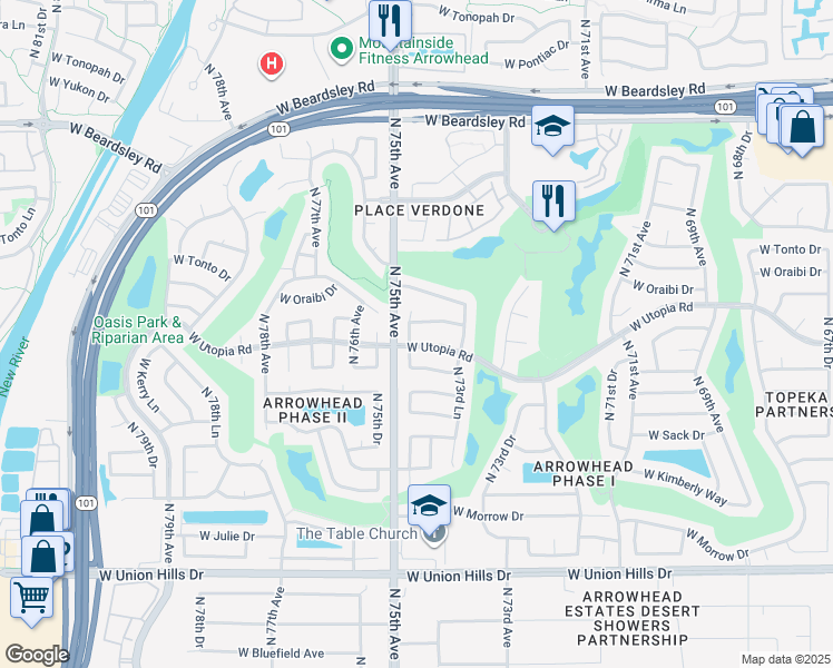 map of restaurants, bars, coffee shops, grocery stores, and more near 19321 North 74th Drive in Glendale
