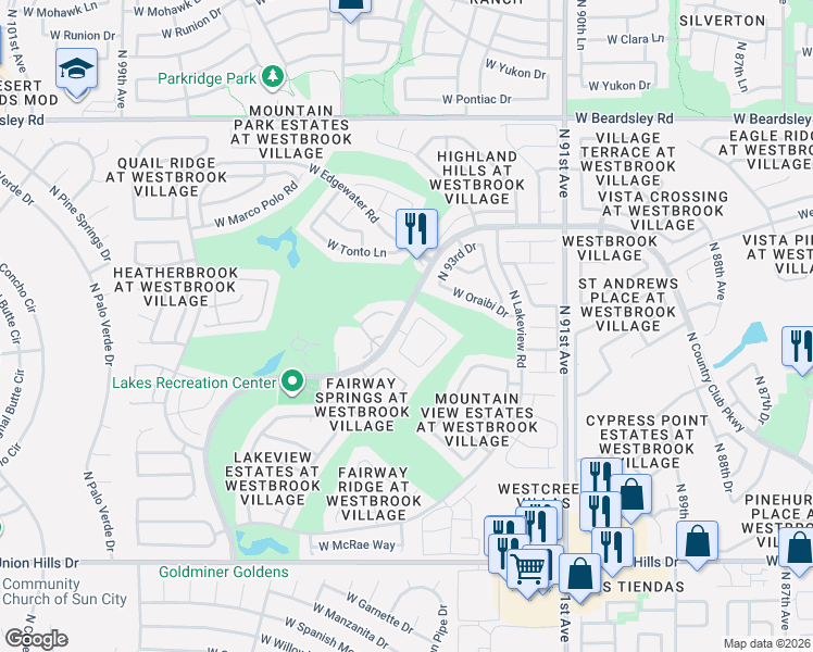 map of restaurants, bars, coffee shops, grocery stores, and more near 19224 North 93rd Drive in Peoria