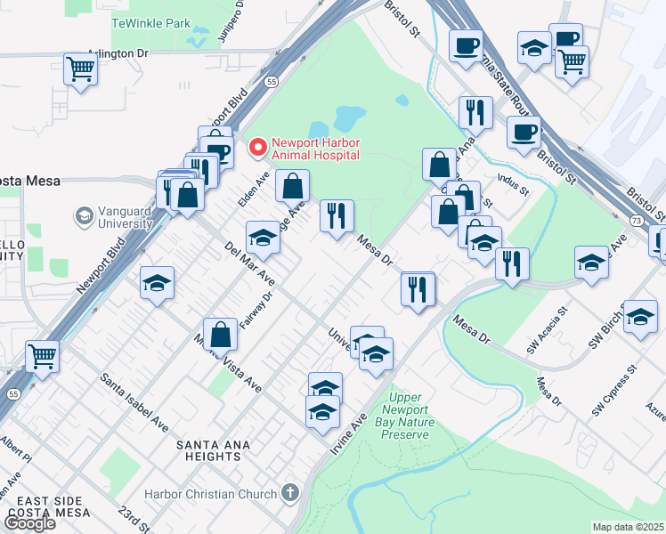 map of restaurants, bars, coffee shops, grocery stores, and more near 285 Santo Tomas Avenue in Costa Mesa