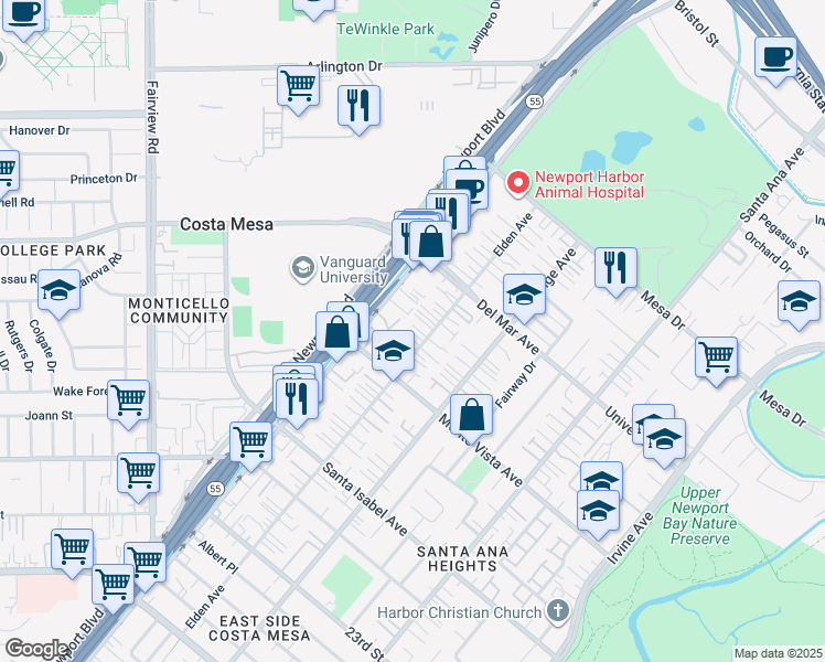 map of restaurants, bars, coffee shops, grocery stores, and more near 2540 Elden Avenue in Costa Mesa