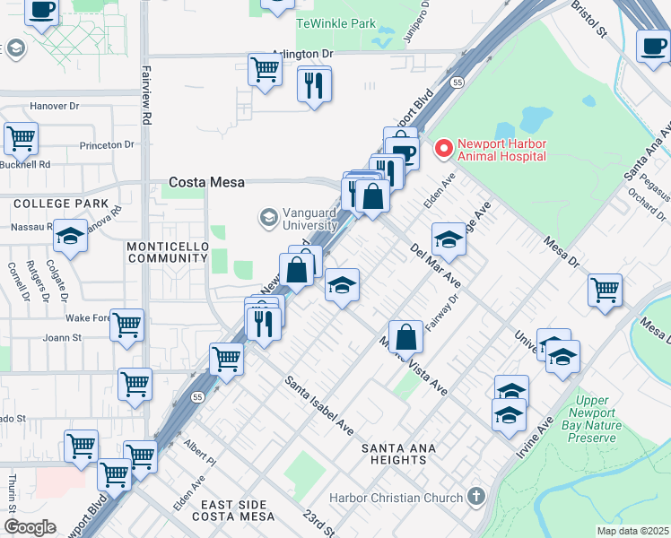 map of restaurants, bars, coffee shops, grocery stores, and more near 2516 Alder Lane in Costa Mesa